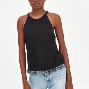 Zara Cotton Tweed Halter Neck Tank Black Top with Fringe Hem Size Small